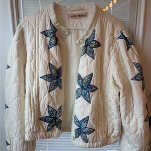 Free People Cream Quilted Jacket with Blue Floral Star Appliqués